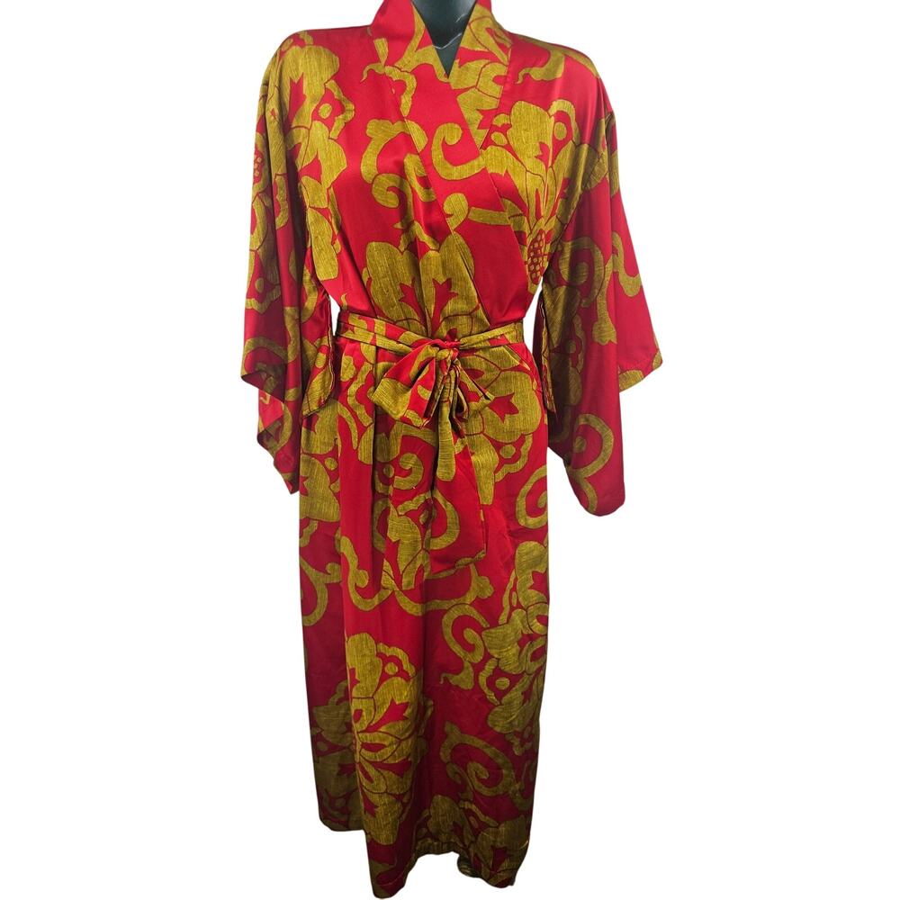 Vintage Carlton Hall Wrap Kimono Robe Ivory & Black Size L Japanese Pattern 1493